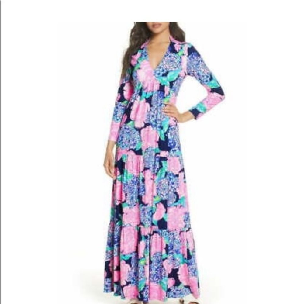 Lilly Pulitzer Martinique Maxi Dress High Tide Navy Hey Hey Bouquet Pink Tiered